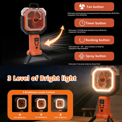 30000mAh Spray Mist Cooling Fan with Remote Control  Outdoor Portable Rechargeable Fan for Camping Fishiing LED lantern