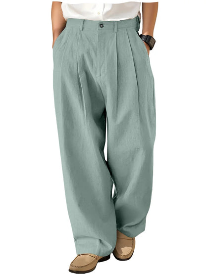 Men's Loose Pleated Wide Leg Pants Breathable Linen Blend Trousers Casual Business Suit Pants Summer Streetwear Daily Wear