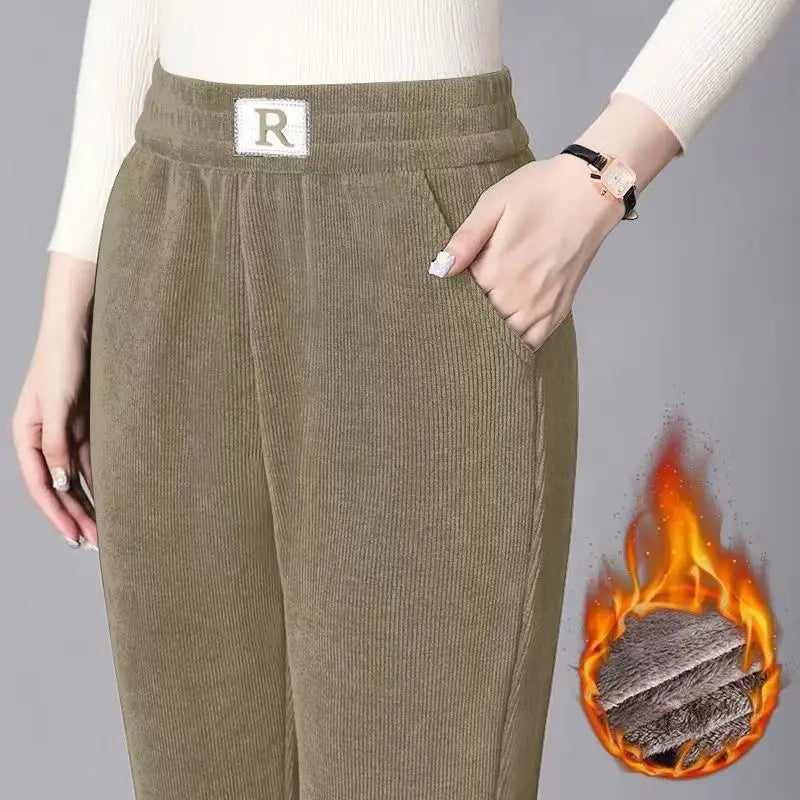 Autumn Winter Thickened Fleece Harlan Pants Women's Loose Casual Straight Leg Pants with Pockets Polyester Fiber Long Trousers