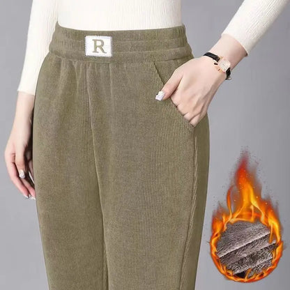 Autumn Winter Thickened Fleece Harlan Pants Women's Loose Casual Straight Leg Pants with Pockets Polyester Fiber Long Trousers