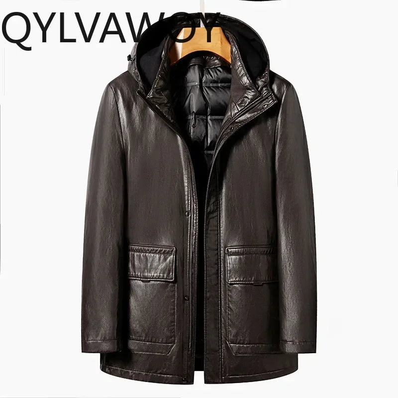 QYLVAWOY Leather Down Jacket Hooded Mid-length 90% White Duck Down Coat Detachable Liner Fashion PU Leather Jackets Man Clothing