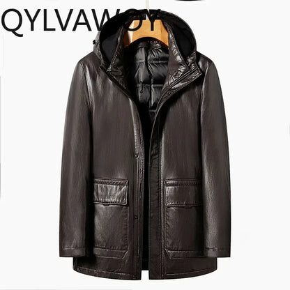 QYLVAWOY Leather Down Jacket Hooded Mid-length 90% White Duck Down Coat Detachable Liner Fashion PU Leather Jackets Man Clothing