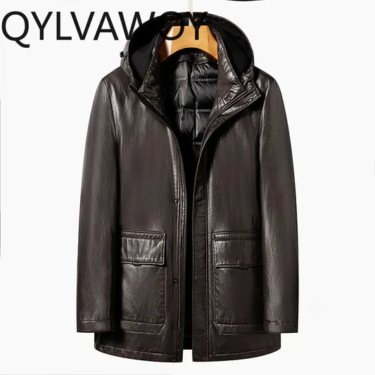 QYLVAWOY Leather Down Jacket Hooded Mid-length 90% White Duck Down Coat Detachable Liner Fashion PU Leather Jackets Man Clothing