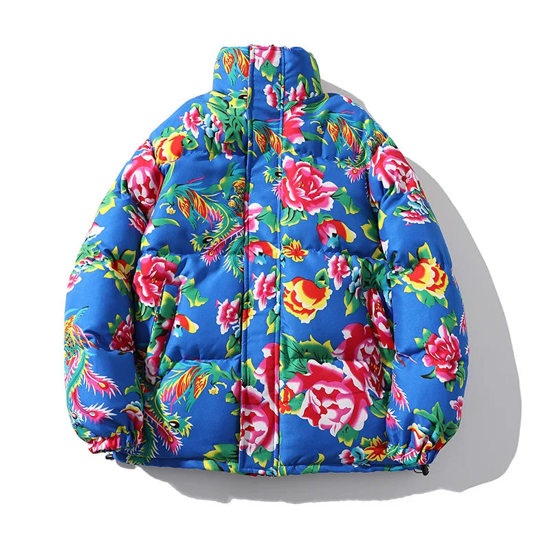 Thickened Long over Knee Hooded Fleece Lined Northeast Big Flower Coat Men's Cotton Jacket Youth Fashion Sport Scene Casual Coat