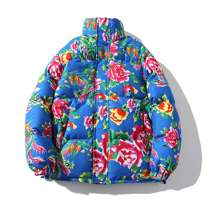 Thickened Long over Knee Hooded Fleece Lined Northeast Big Flower Coat Men's Cotton Jacket Youth Fashion Sport Scene Casual Coat