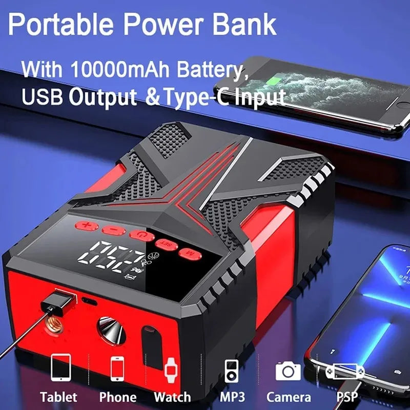 Car Jump Starter & Tire Inflator 2-in-1, Heavy Duty Battery Booster with Power Bank for 12V Petrol/Diesel Vehicles