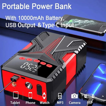 Car Jump Starter & Tire Inflator 2-in-1, Heavy Duty Battery Booster with Power Bank for 12V Petrol/Diesel Vehicles