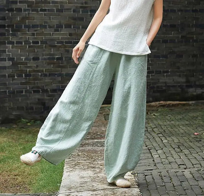 Cotton Linen Bloomers Wide Leg Pants Women Vintage Full Length Fashion Elegent Pants Solid Elasitic Waist Spring Autumn 5XL