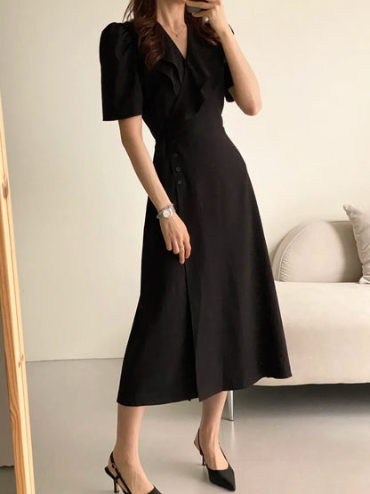 Retro Double Layered Collar Bubble Sleeve  Dress Elegant Short Sleeve V Neck Summer Casual Women's Dress