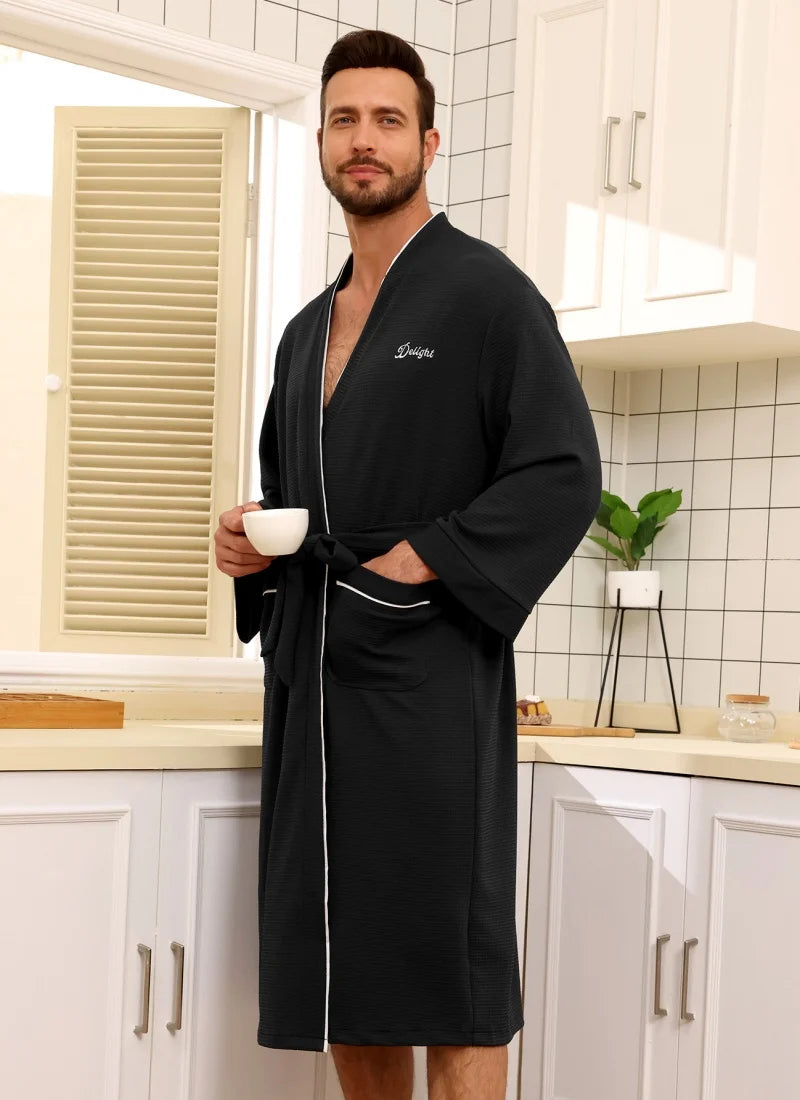Mens Waffle Knit Quick Dry Bathrobe Absorbent Kimono Robe with Pockets White Piping Trim Soft Lightweight Mens Spa Loungewear