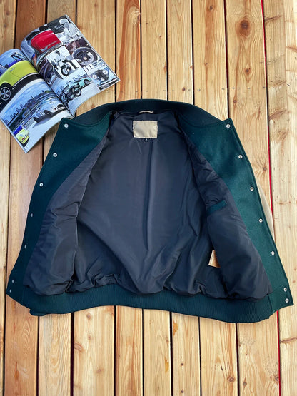 Premium Sheepskin Leather Baseball Jacket Men's Loose Fit Retro Style Wool Blend Outerwear Youthful Casual Winter Coat