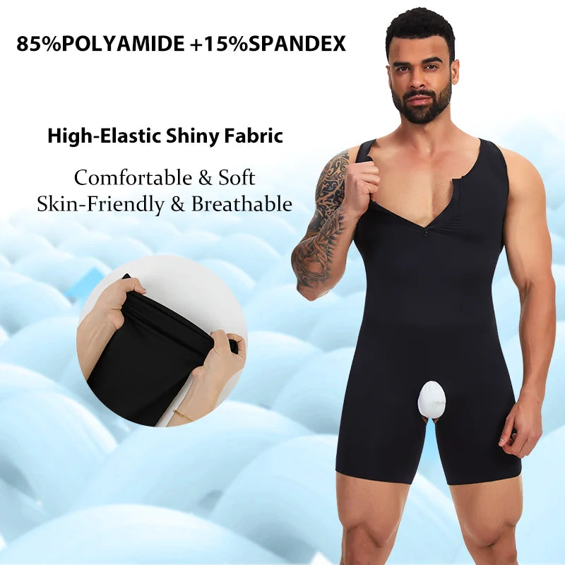 Men's Compression Bodysuit Sleeveless Full Body Shaper Tummy Control Underwear Low Neckline Shapewear Zipper Open Crotch Fajas