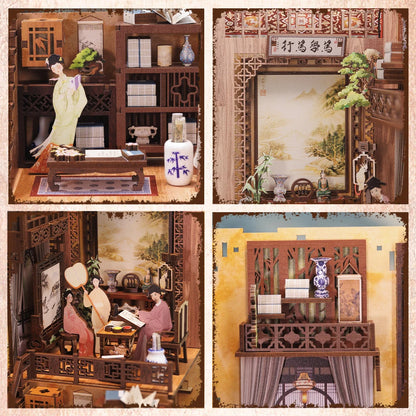 CUTEBEE Book Nook Dollhouse Kit With Touch Light Dust Cover DIY Miniature Doll House Toys For Birthday Gifts Ink Rhyme Bookstore