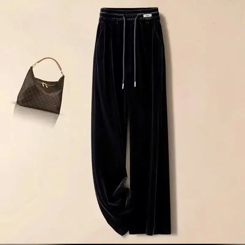 Fashionable Gold Velvet Wide Leg Pants Women's Winter Loose Slimming High Waist Fleece Casual Straight Long Trousers