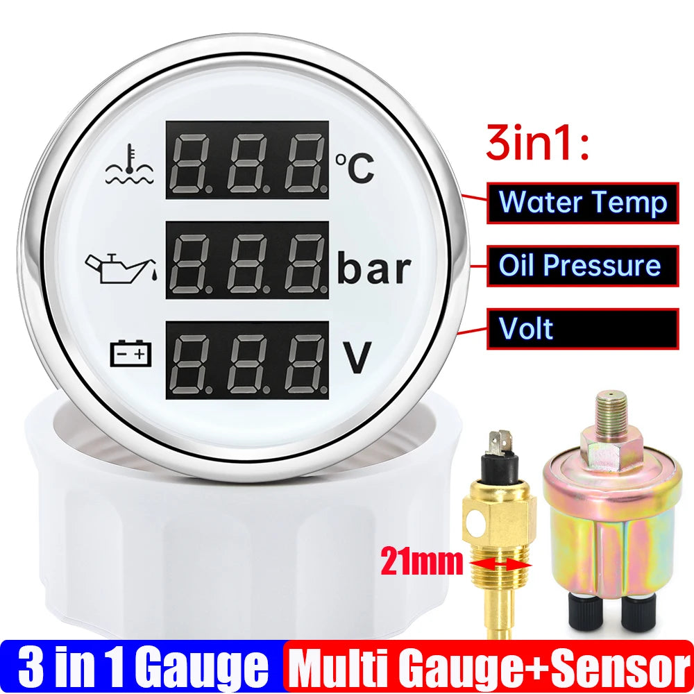 3 In 1 Digital 52mm Gauge with Alarm 0~120℃ Water Temperature Gauge+Oil Pressure+Voltage with Oil Press/Water Temp Sensor Custom