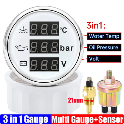 3 In 1 Digital 52mm Gauge with Alarm 0~120℃ Water Temperature Gauge+Oil Pressure+Voltage with Oil Press/Water Temp Sensor Custom