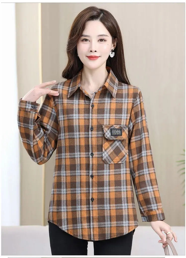 Loose Long Sleeve Mom Shirt Women's New Style Slimming Age-Defying Outerwear Versatile Early Autumn Plaid Outfit  Collar