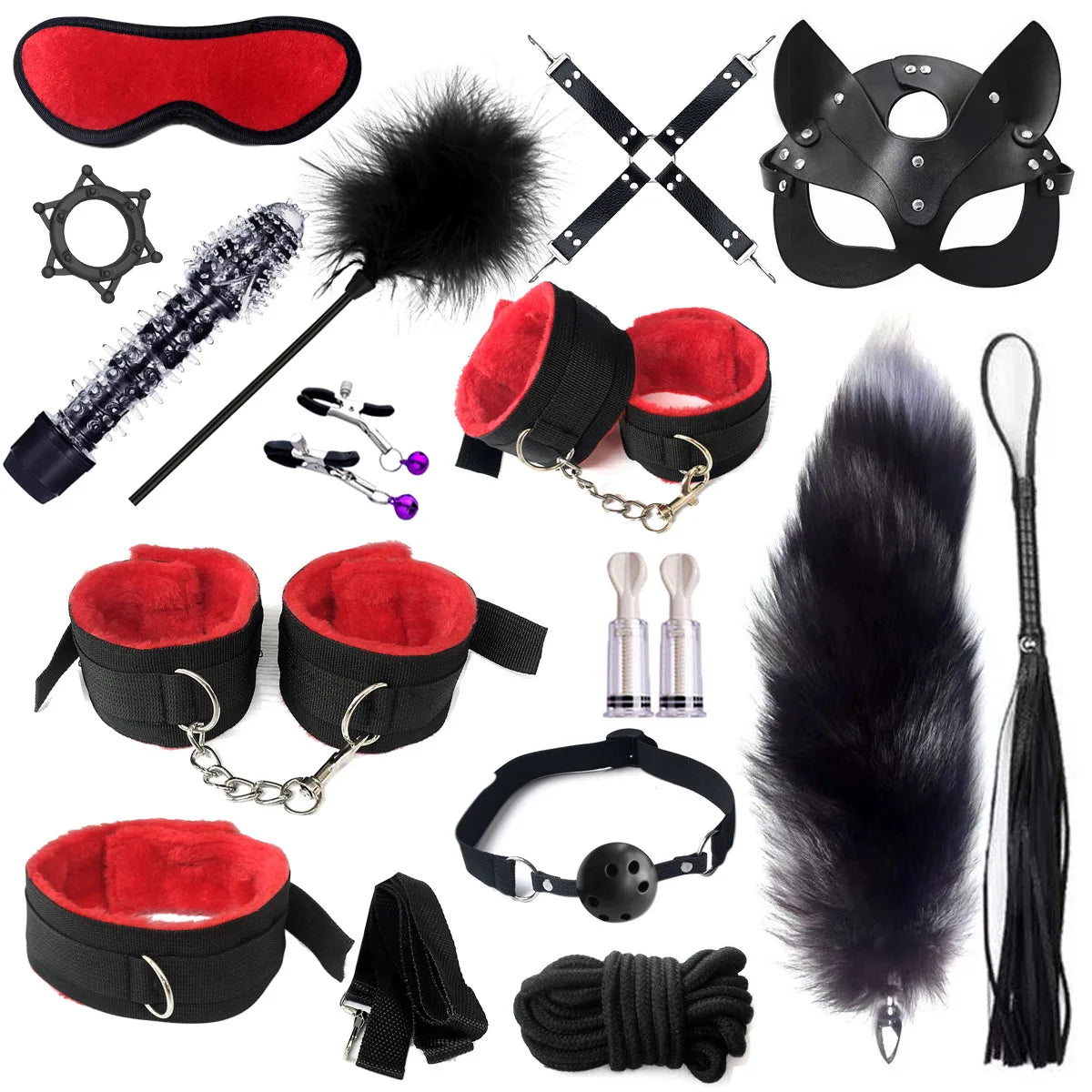 Exotic Sex Toys, Leather Plush sexy Bondage Bundle Set, Gag, Whip, Butt Plug, Sex Toys for Women, Nipple Clips, Erotic Sex Toys