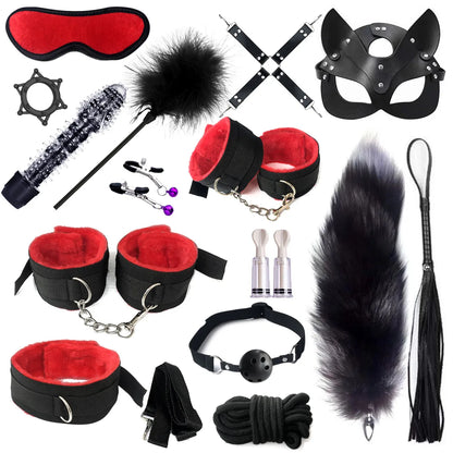 Exotic Sex Toys, Leather Plush sexy Bondage Bundle Set, Gag, Whip, Butt Plug, Sex Toys for Women, Nipple Clips, Erotic Sex Toys