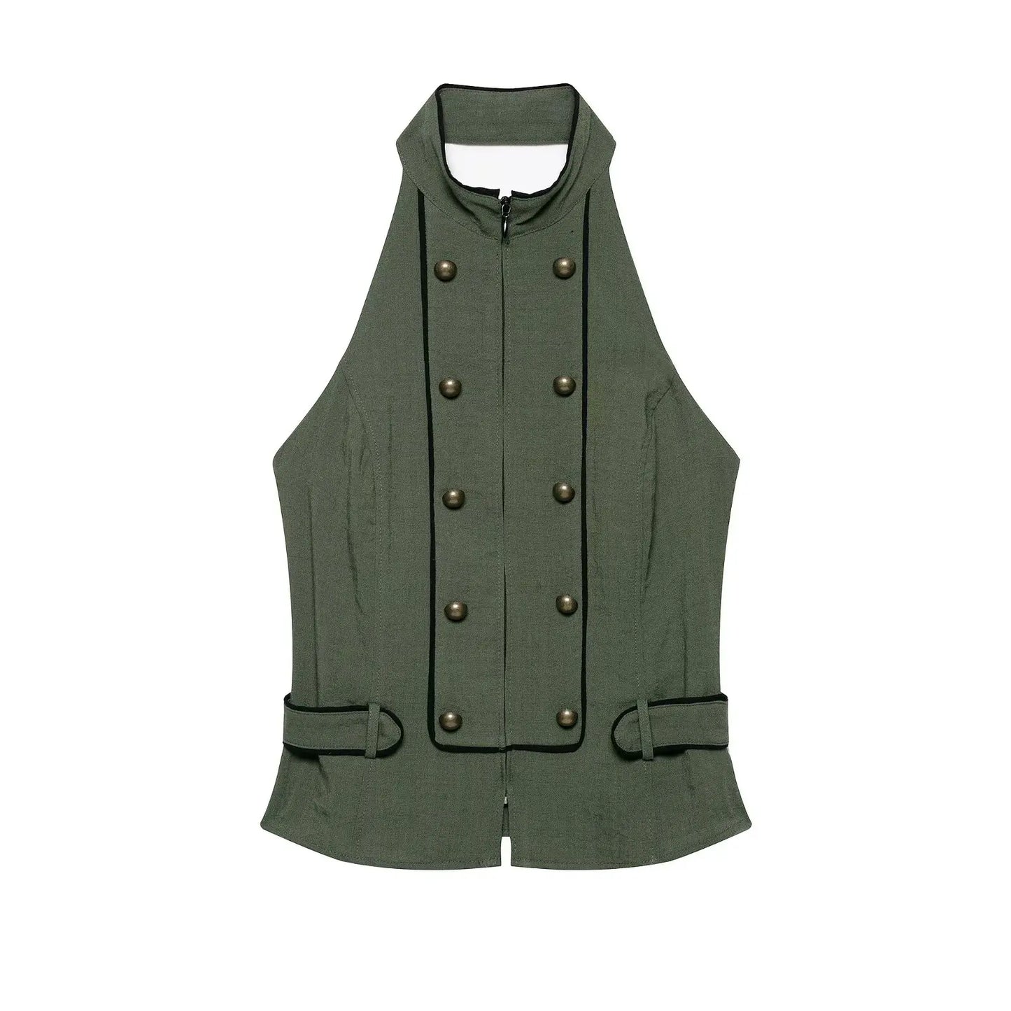 HH Military Style Halter Neck Vest for Women Spring Fall Double Breasted Open Back Sleeveless Top Casual Daily Party Office Wear