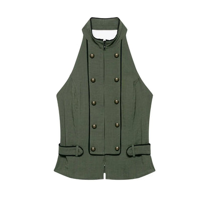HH Military Style Halter Neck Vest for Women Spring Fall Double Breasted Open Back Sleeveless Top Casual Daily Party Office Wear