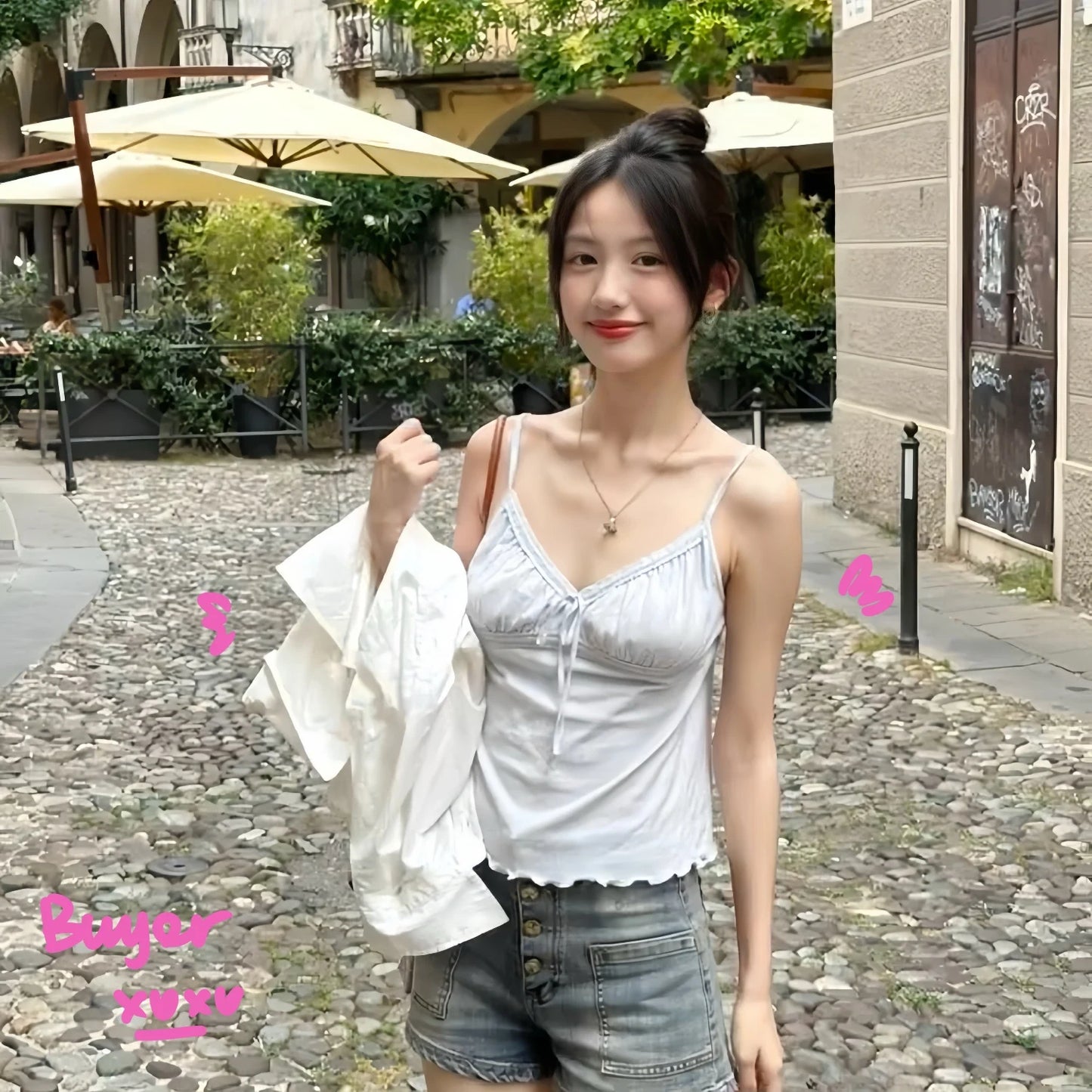 Brandy Melville Pure Cotton Three-Button Base Layer Vest Sweet Style V-Neck Sleeveless Tank Top for Women Spring Summer
