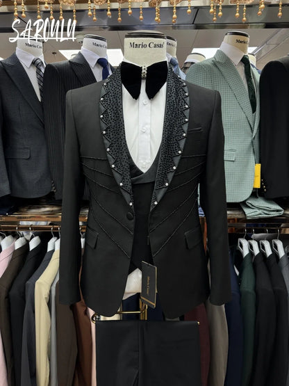 Textured Black Men's Suit Sophisticated Party Beaded Customized Celebrity Peak Lapel Groom Wear In Stock Prom Set Fast Shipping