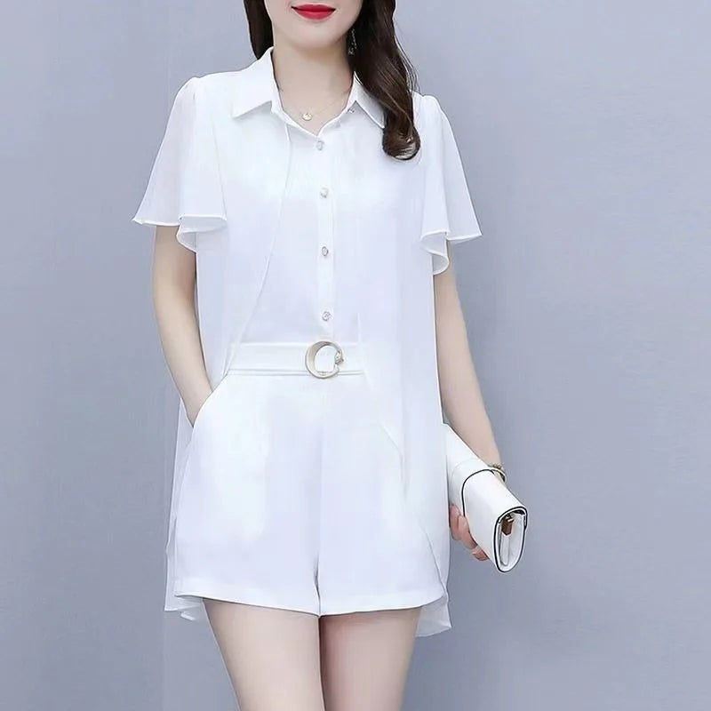 Ladies Fashion Fake Two-piece Top Shorts Loose Temperament and Age Reducing Set Office Lady Simplicity Trend Temperament