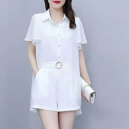 Ladies Fashion Fake Two-piece Top Shorts Loose Temperament and Age Reducing Set Office Lady Simplicity Trend Temperament