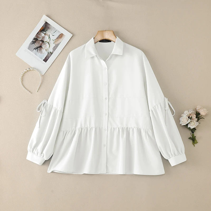 2025 Autumn Blouse ZANZEA Office Women Shirt Spring Elegant Lapel Neck Long Sleeve Tops Solid Button Up Blusas Lace-Up Chemise