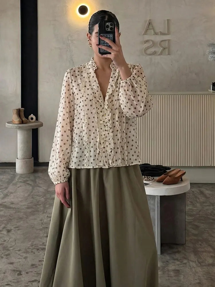 HH Women Elegant Fashion Polka Dot Ruffled Blouse V Neck Long Sleeve Shirt Summer Translucent Thin Tops High Street Chic Shirts