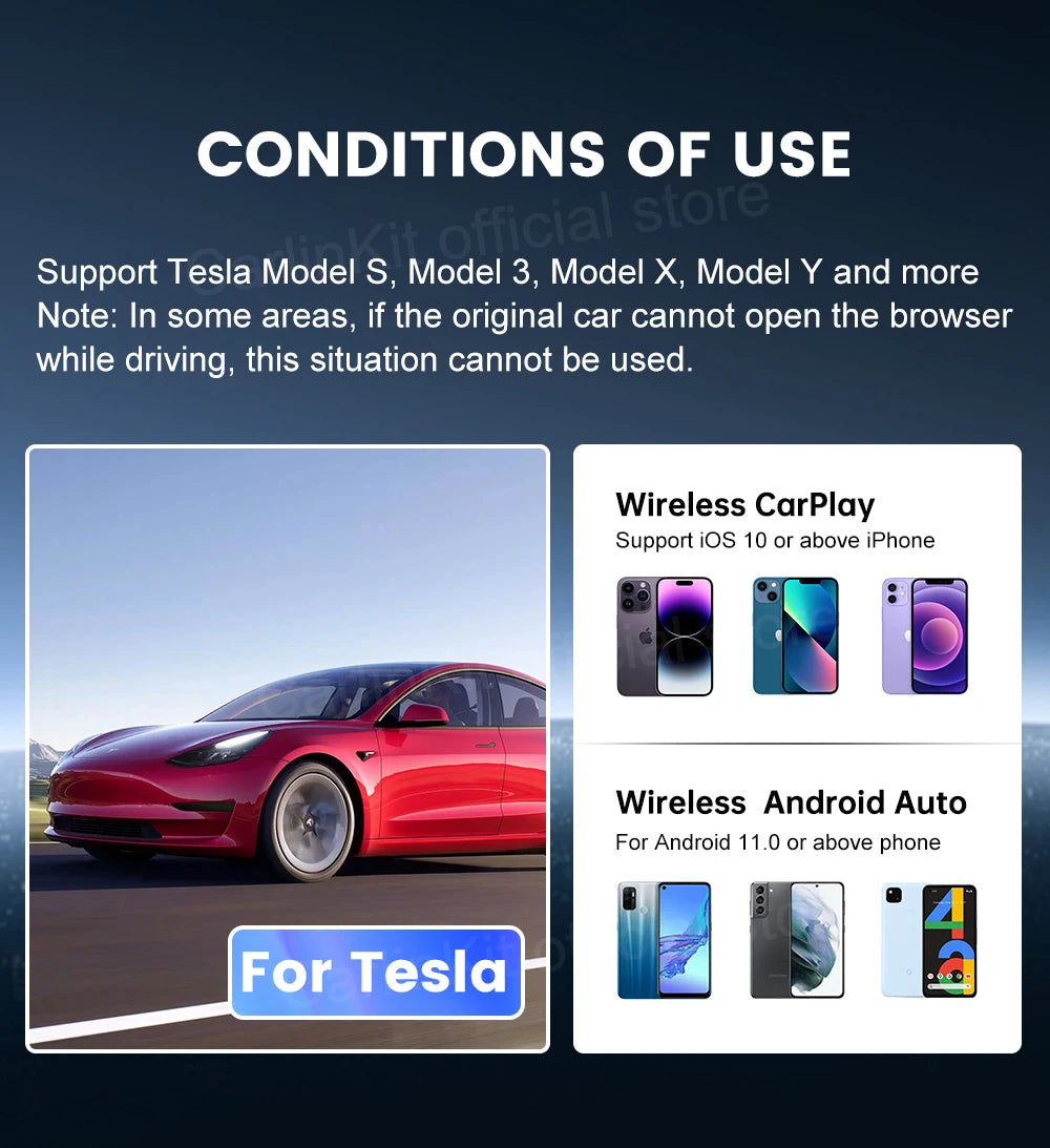 CarlinKit USB Adapter Wireless Android Auto CarPlay 2-In-1 Smart Box For Tesla Model 3 Model Y 2.4G&5Ghz WiFi BLE Auto Connect