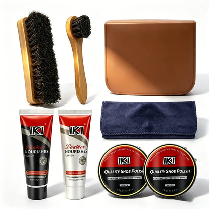 Leather Shoe Care Kit with Black And Colorless Shoe Polish 2 Black Solid Shoe Wax Two Horse Hair Brushes And Flannel Cloth