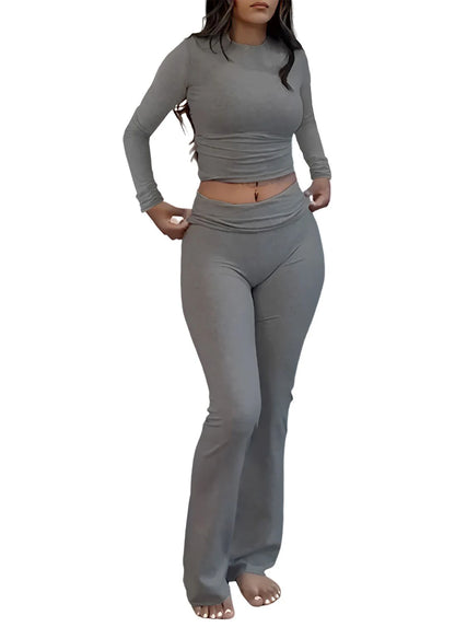Casual Workout Two Piece Outfits Long Sleeve High Waist Fold-over Flare Flared Leggings Pants Tracksuit Sets Streetwear