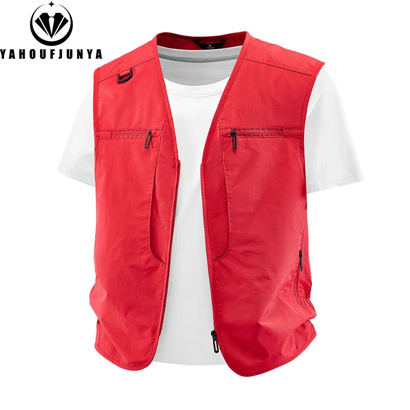 2026 Summer Men Sleeveless Outdoor Cargo Leisure Work Vest Men Pocket Solid Color Fishing Camping Thin Vest Male Waistcoat 8XL