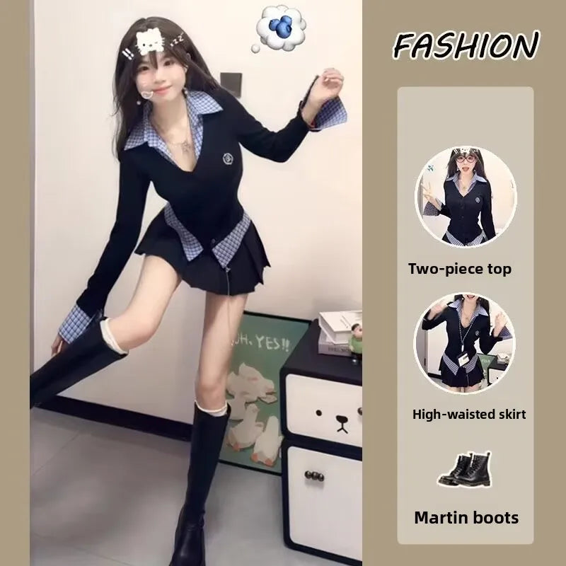 High Waist Plaid Patchwork Women's Set Spring 2025 Korean Style Fashionable Two-Piece Suit Long Sleeve  Collar Button up