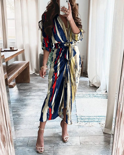 Summer Bandage Shirt Women Fashion Button Ruched Dress Casual Short Sleeve Printed Dress Female Elegant Party Dress Robe