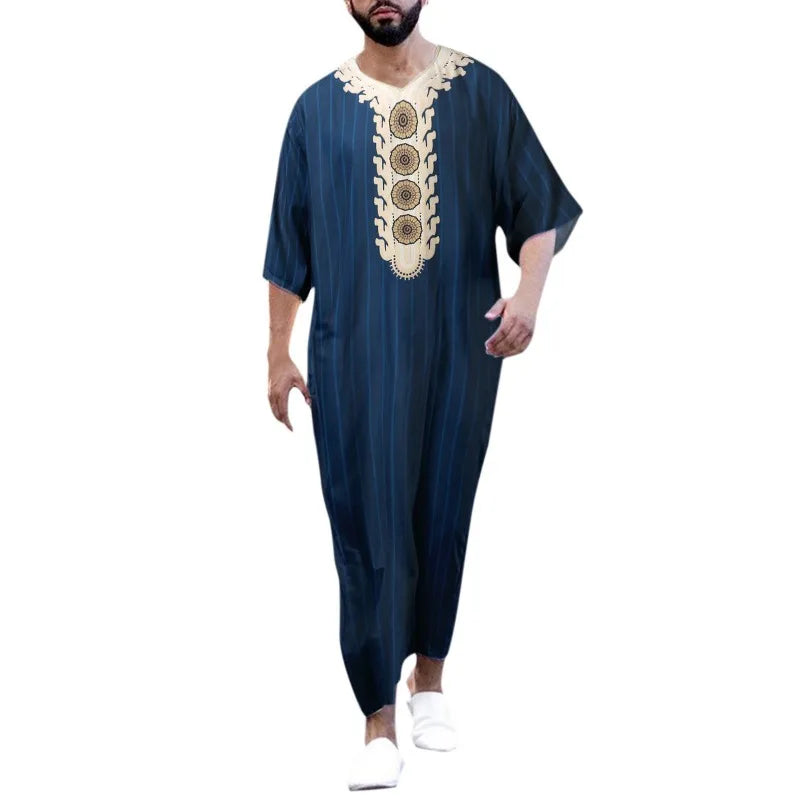 Men's Summer Islamic Robe 2026 Loose Moroccan Kaftan 3D Digital Print Middle East Traditional Muslim Thobe for Cultural Events