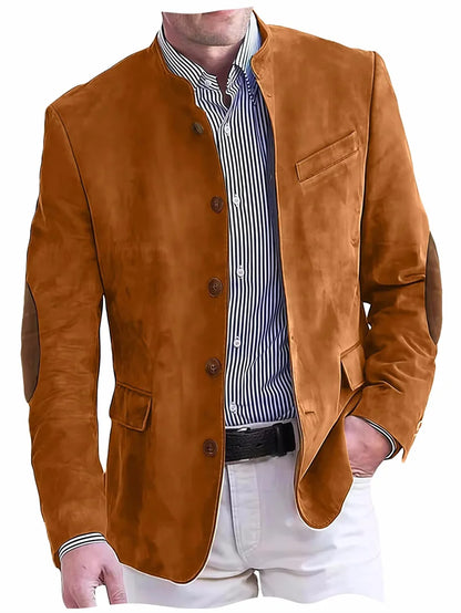 Men's Casual Blazer Flannel Suit Jacket With Elbow Patches Band Collar Brown Button Daily  Casual Slim Fit Customized Business