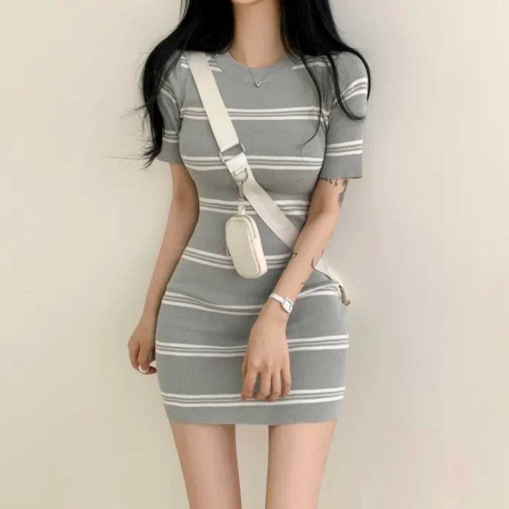 Chic Summer Slim Fit round Neck Striped Knitted Dress Women's Fashion High Waist Bodycon Short Skirt Elegant Lady Style