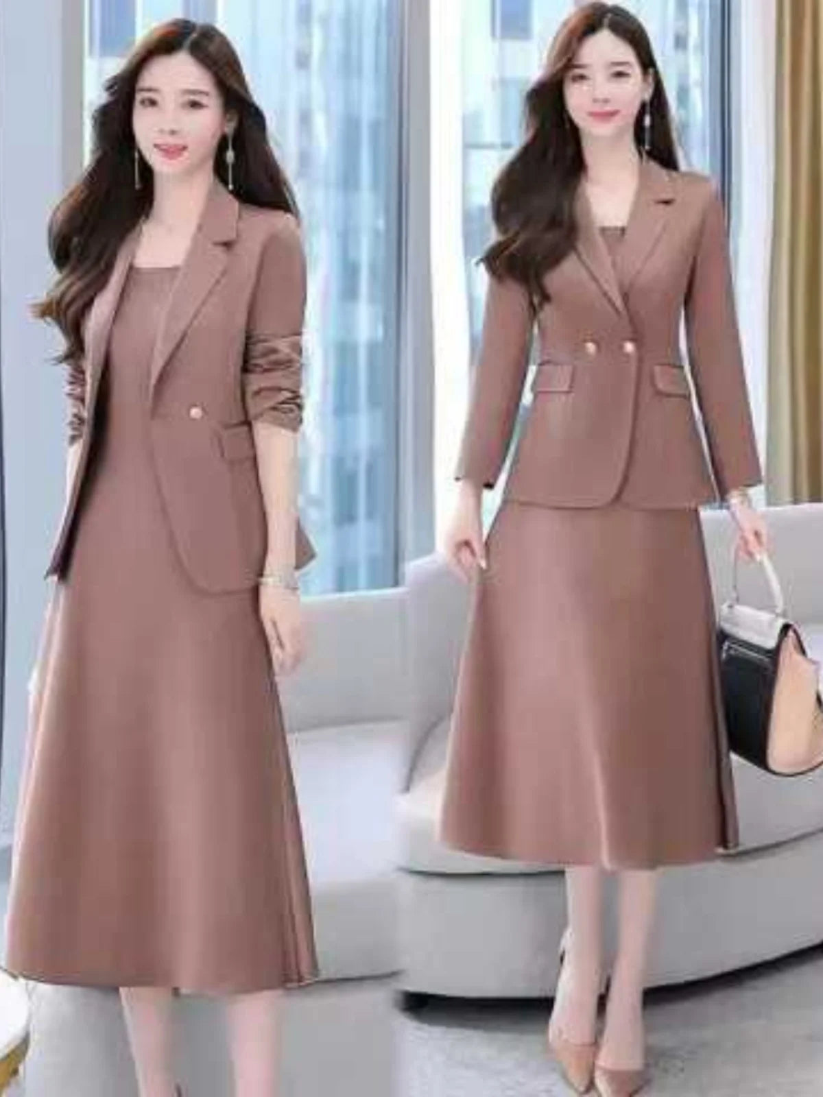 plus Size Women's Dress Suit Set Sleeveless Long Dress with Jacket Autumn Fashion Slimming Two-Piece Set High Waist Korean Style