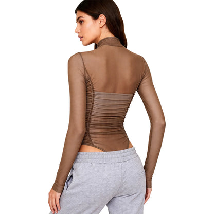 Womens Nightclub Beach Bodysuit Sheer Mesh Side Ruched High Collar Long Sleeve Button Crotch Leotard See Through Cover Up Outfit