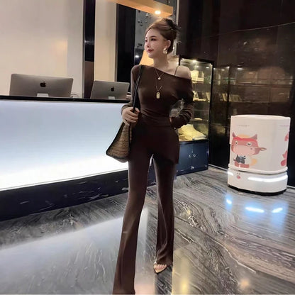 Elegant Pure Desire Style Long Sleeve T-Shirt Set for Women Casual High Waist Pants Slimming Loose Fit Spring Autumn Wear