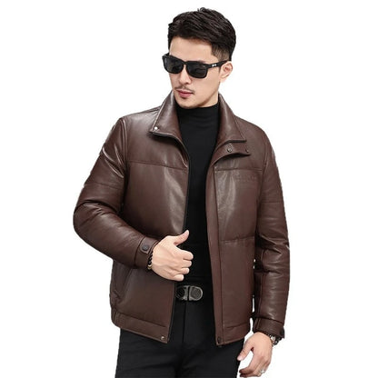 QYLVAWOY Real Leather Jacket Man Stand Collar Puffer Jacket  Winter Jackets Versatile Jackets for Man Short Coat Casual Fashion