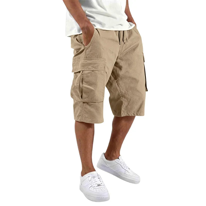 Summer Men Loose Straight Pants Casual Multi-Pocket Shorts Pure Color Fashion Men Shorts Drawstring Daily Cargo Short Pants