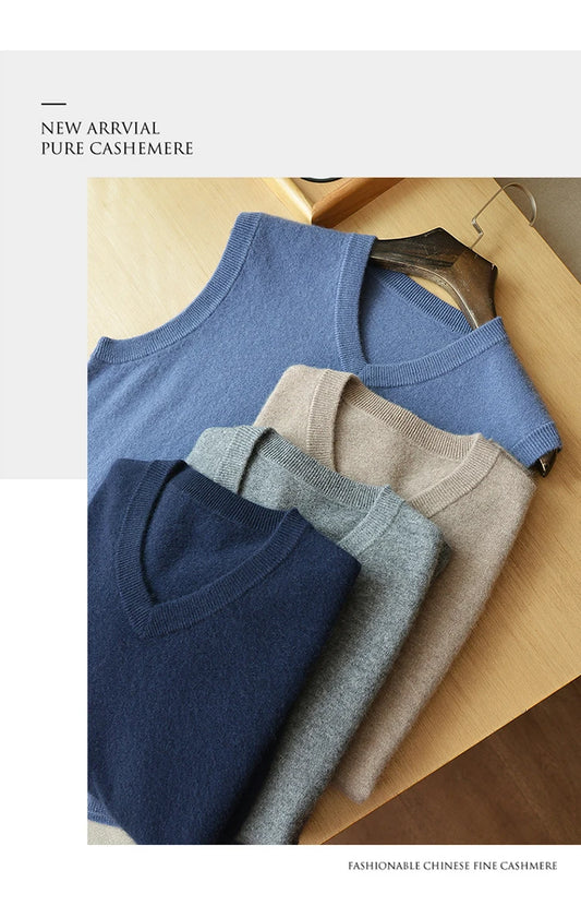 Autumn and Winter Men 100% Cashmere T-shirt V-neck Vest Simple Generous Wool Jumper Blue Soft Skin Breathable Men's Clothing