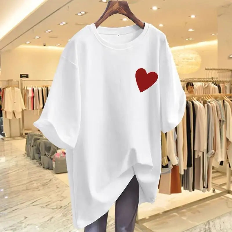 Women Fashion Pure Cotton Love Printing T-shirts Summer Casual Versatile O-neck Short Sleeve Top Tee Office Lady Basic Pullovers