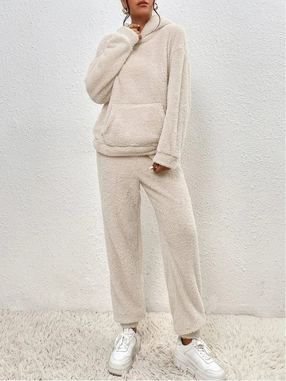 Autumn Winter Fashion Women Casual Hooded Sweatshirt Leg Pants 2 Piece Set Warm Furry Plush Trousers Suit Female Outfit