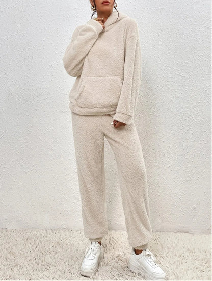Autumn Winter Fashion Women Casual Hooded Sweatshirt Leg Pants 2 Piece Set Warm Furry Plush Trousers Suit Female Outfit