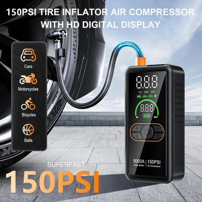 Jump Starter with Air Compressor, 150 PSI Car Air Compressor & 5000A Peak Car Jump Starter with LED Light, Power Bank Function.